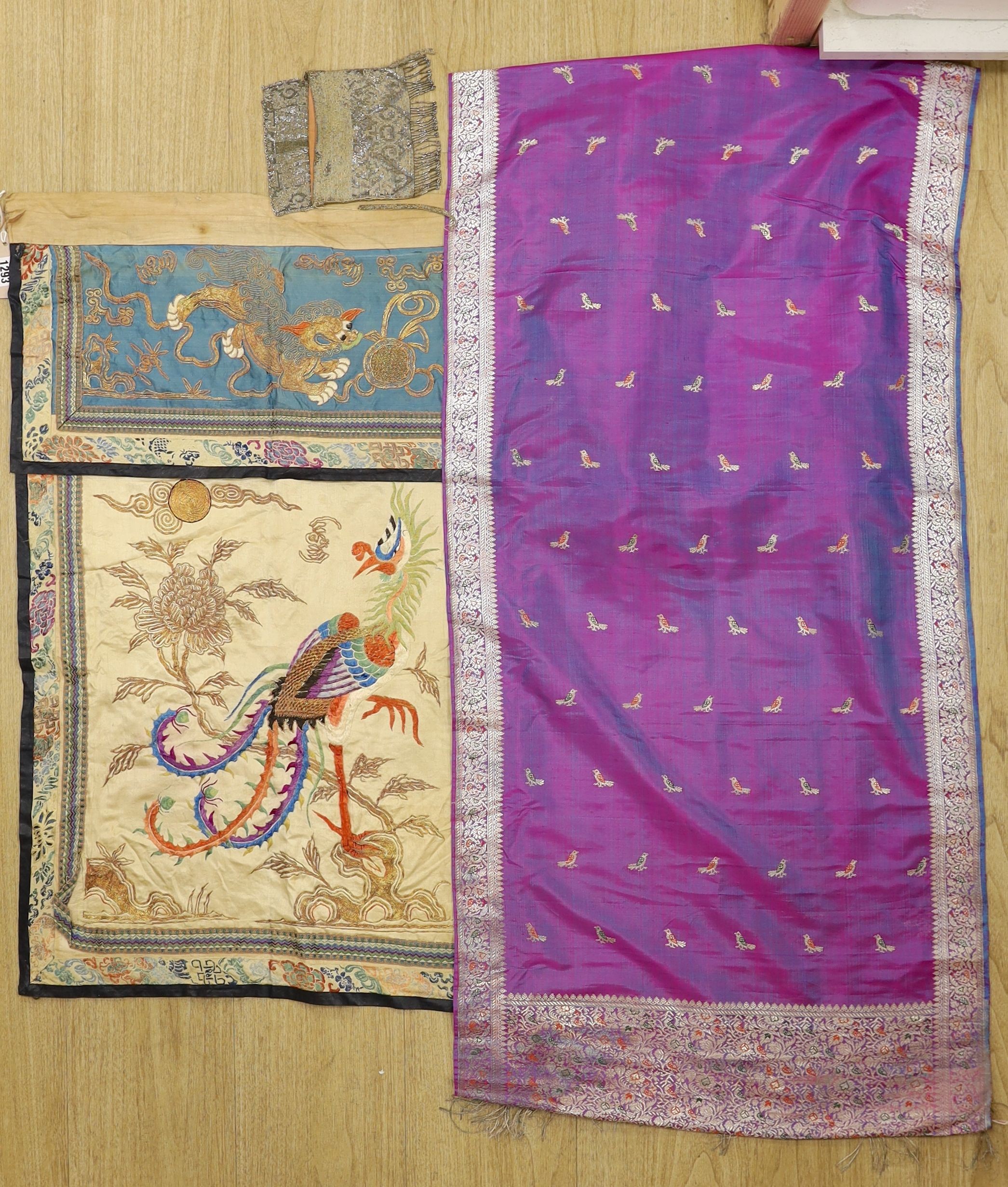 A Chinese embroidered silk panel of a phoenix, 84.5 x 54 cm, an Indian silk panel and a metal beadwork purse